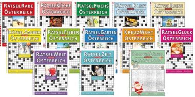 Das Bild zeigt alle 13 Rätselhefte die die Rätselfabrik produziert